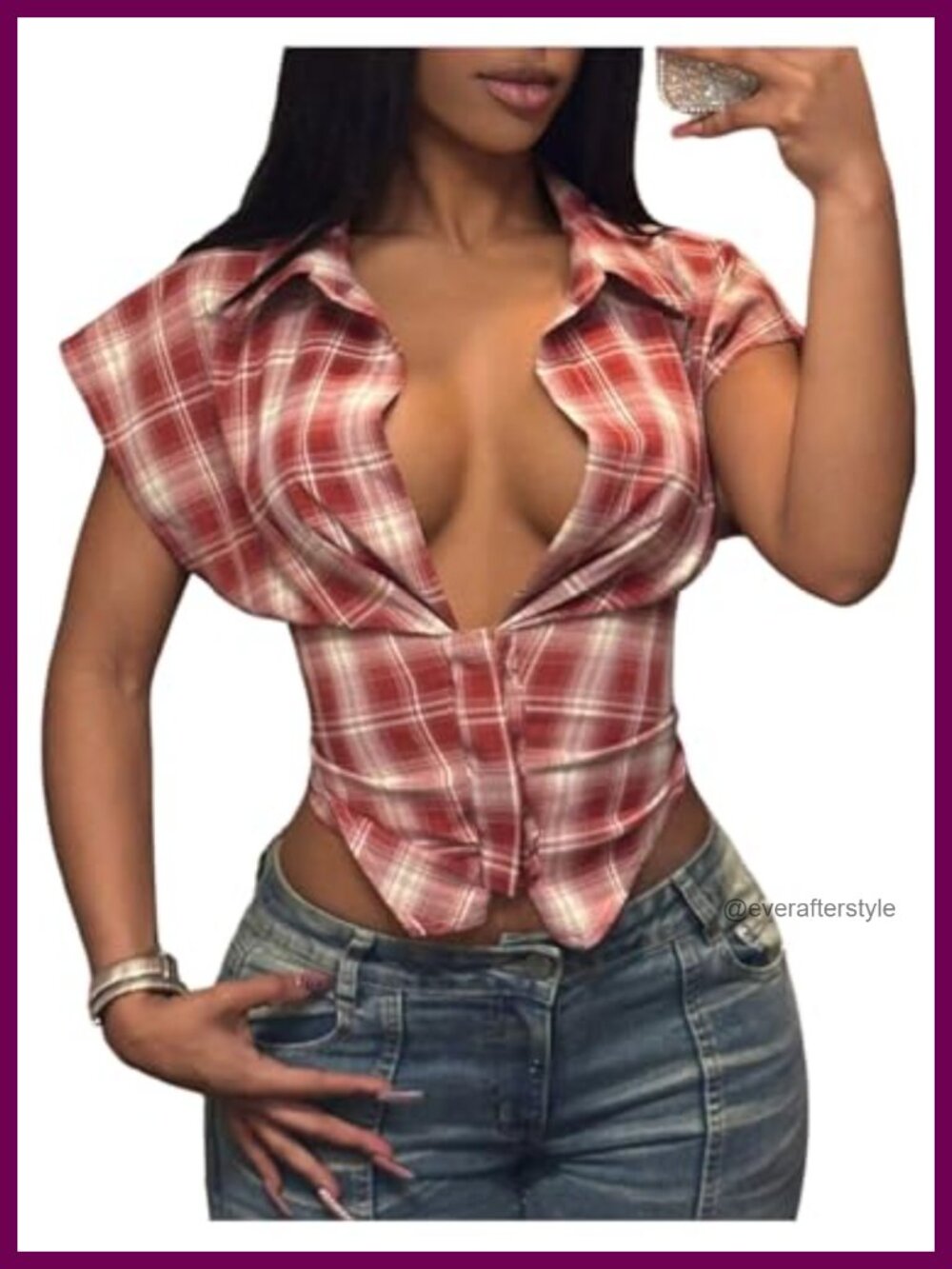 Plaid Cinched Waist Crop Top Deep V Dolman Sleeve Blouse